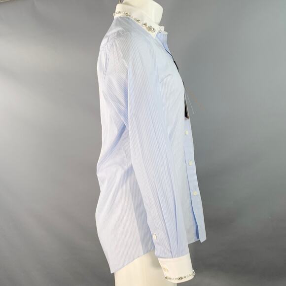 S Blue White Stripe Cotton Crystal Embellishment One Pocket Long Sleeve Shirt - Picture 3 of 10